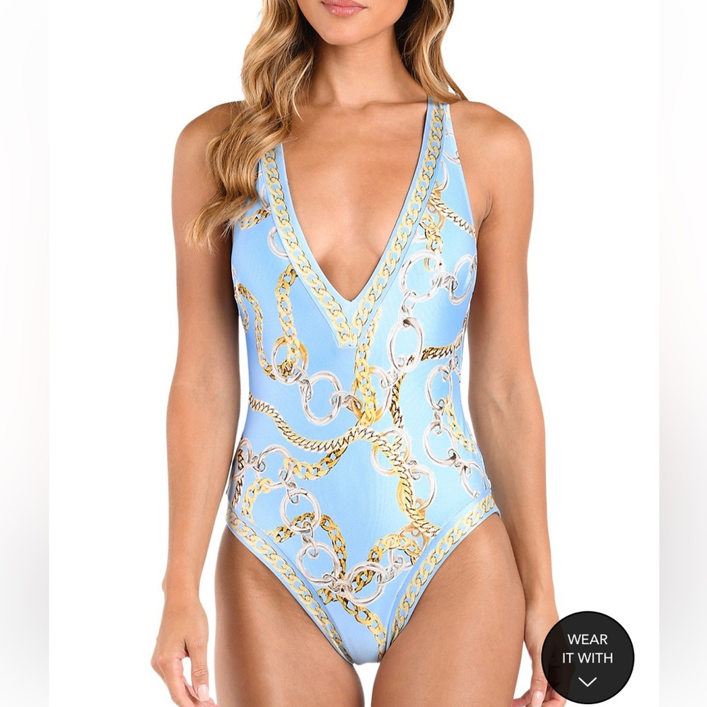 L'AGENCE Light Blue and Gold Chain Print One Piece Swimsuit